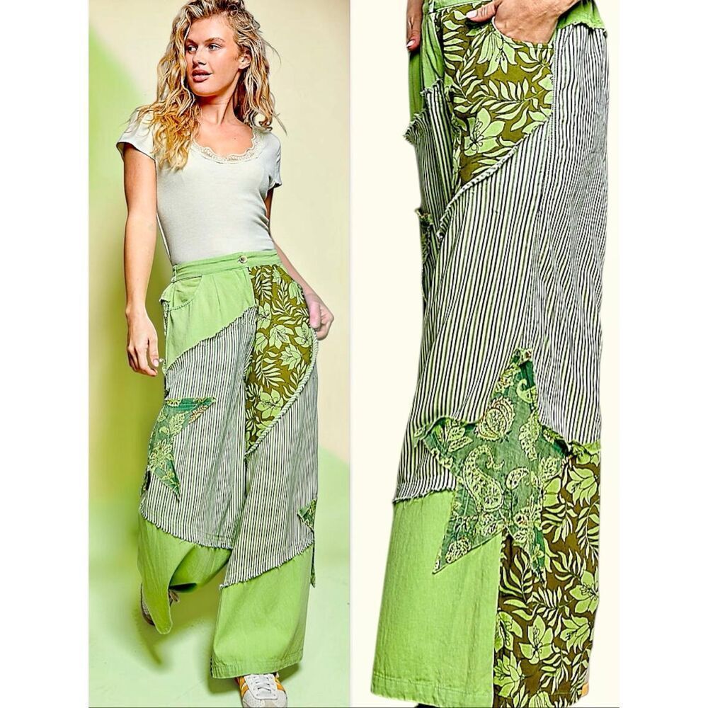 POL Striped Floral Patchwork Wide Leg Pants Green Boho Star Patch Palazzo NEW